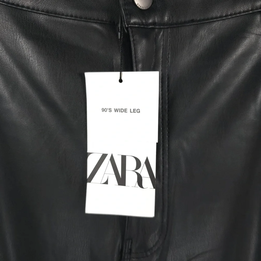 ZARA New Black Faux Leather 90’s Wide Leg Pants Size 14 High Waist‎ 2969/245/800
